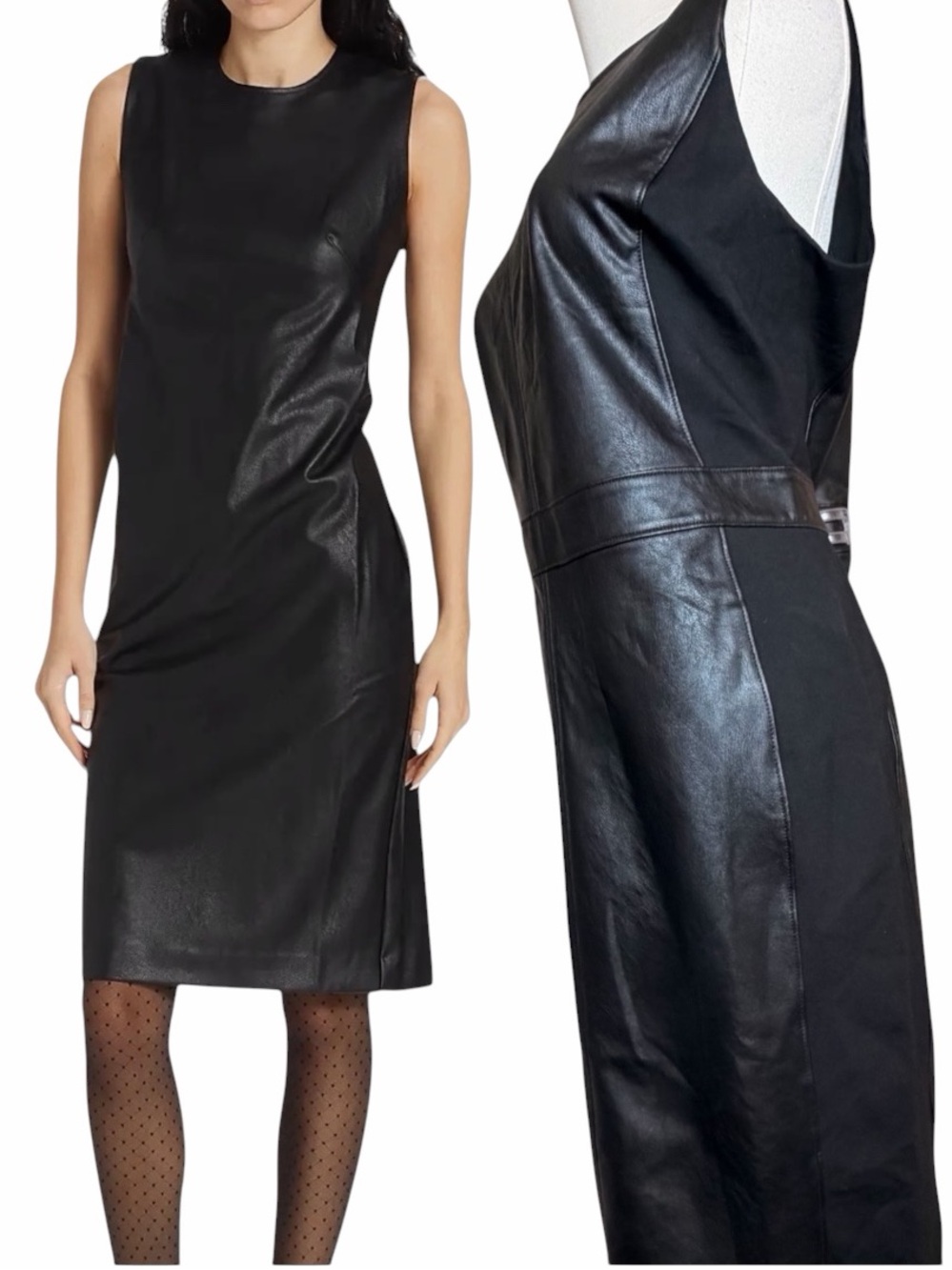SPANX Leather-Like Combo Sheath Midi Dress Black Sleeveless Bodycon Large